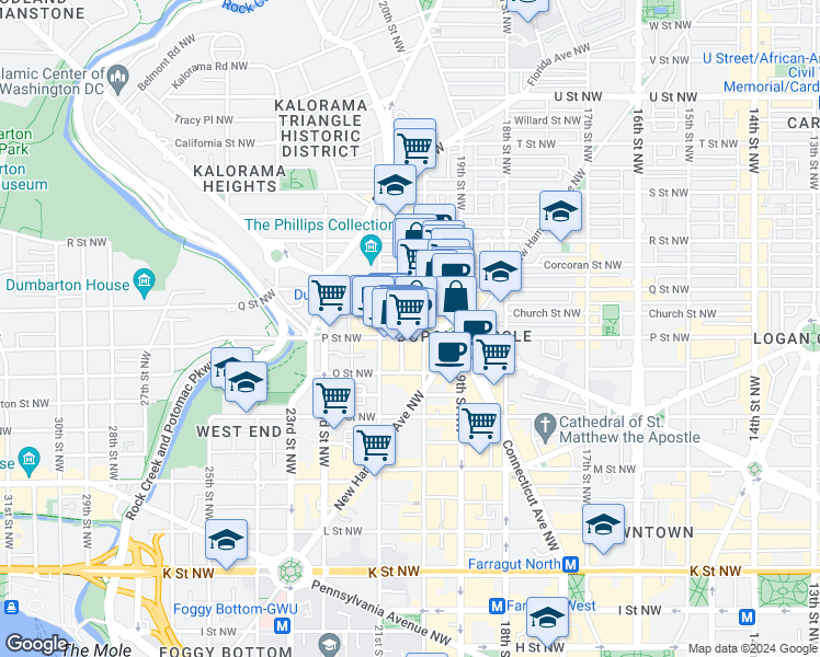 map of restaurants, bars, coffee shops, grocery stores, and more near 2002 Massachusetts Avenue Northwest in Washington