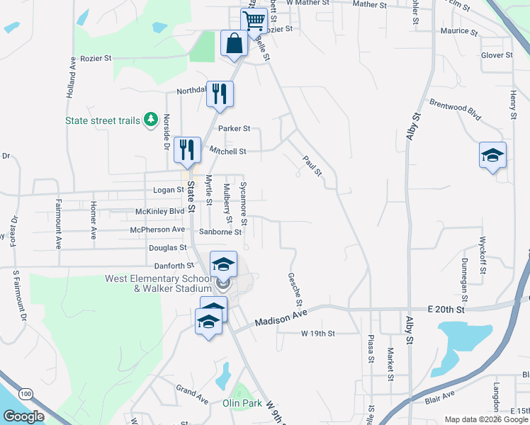 map of restaurants, bars, coffee shops, grocery stores, and more near 414 Emerald Avenue in Alton