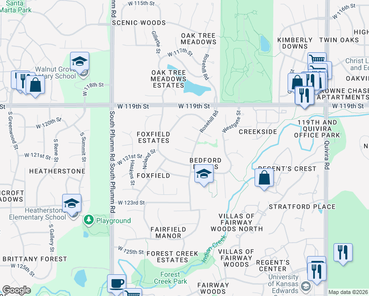map of restaurants, bars, coffee shops, grocery stores, and more near 12702 West 121st Street in Overland Park
