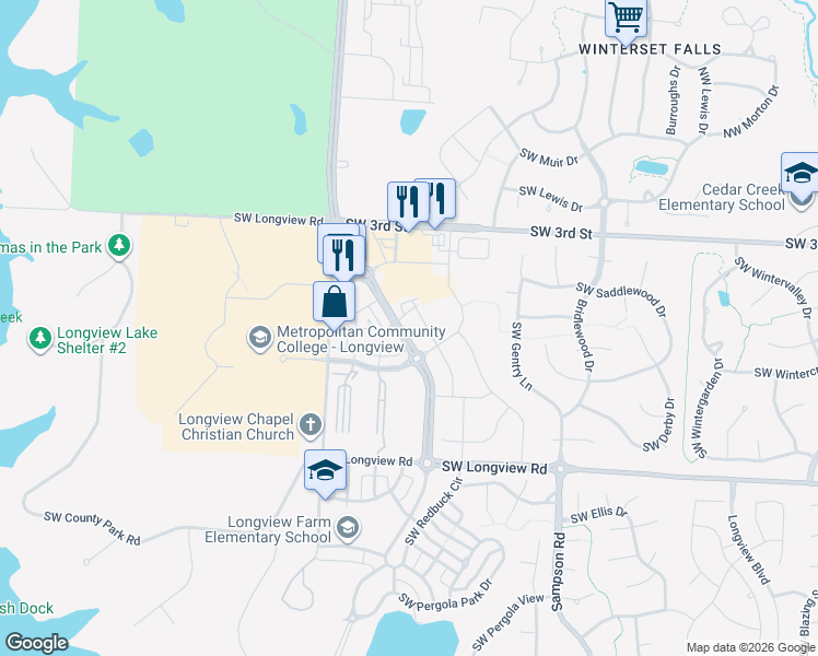 map of restaurants, bars, coffee shops, grocery stores, and more near 451 Southwest Longview Boulevard in Lee's Summit