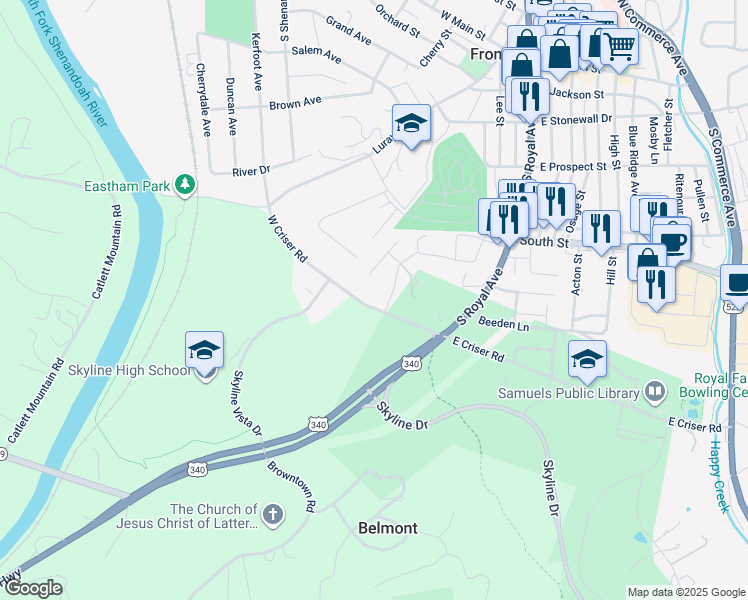 map of restaurants, bars, coffee shops, grocery stores, and more near 116 West Criser Road in Front Royal