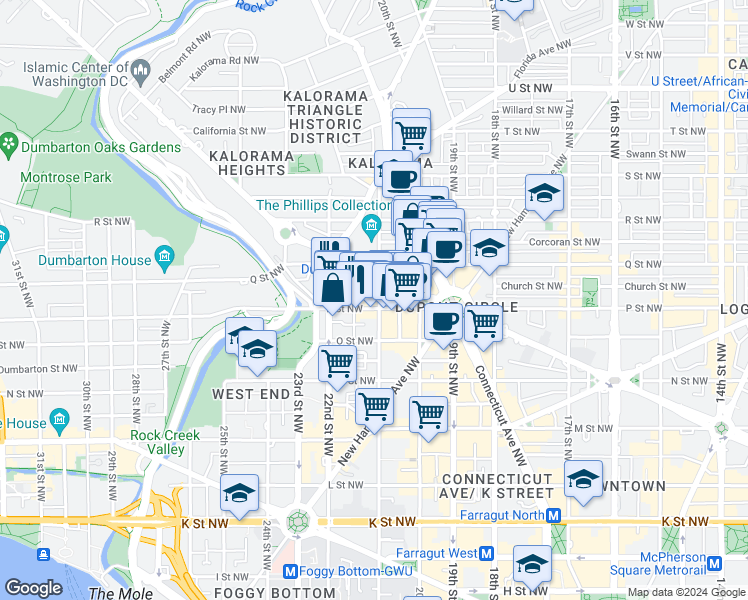 map of restaurants, bars, coffee shops, grocery stores, and more near 1506 21st Street Northwest in Washington