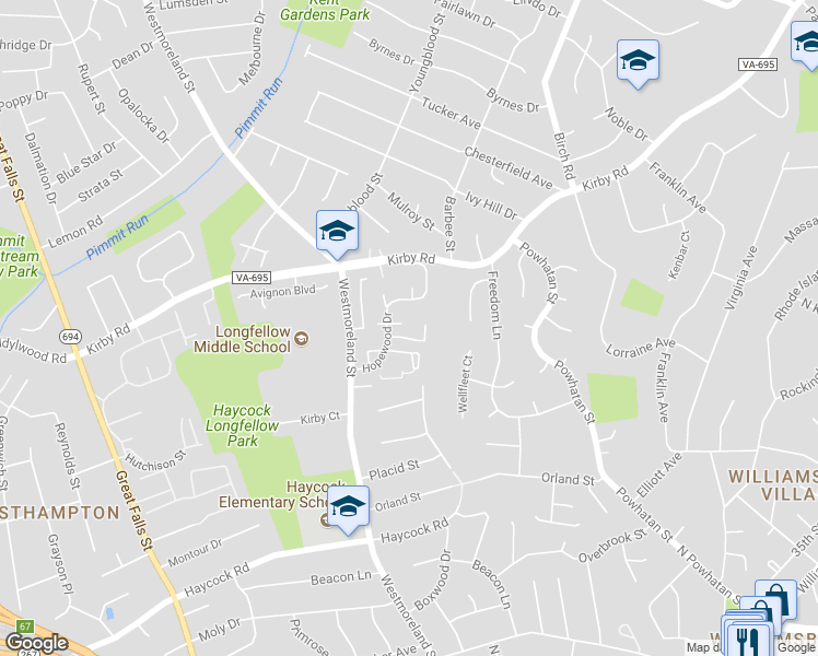 map of restaurants, bars, coffee shops, grocery stores, and more near 6605 Rosecroft Place in Falls Church