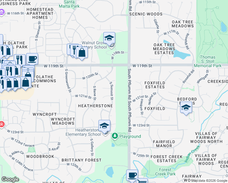 map of restaurants, bars, coffee shops, grocery stores, and more near 12061 South Summit Street in Olathe