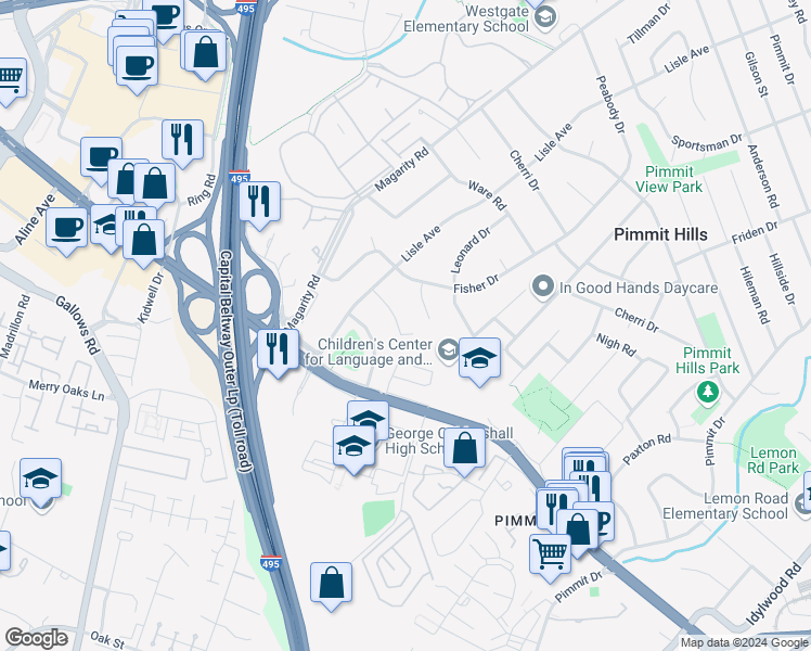 map of restaurants, bars, coffee shops, grocery stores, and more near 2015 Nordlie Place in Falls Church