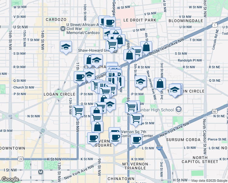 map of restaurants, bars, coffee shops, grocery stores, and more near 1514 7th Street Northwest in Washington