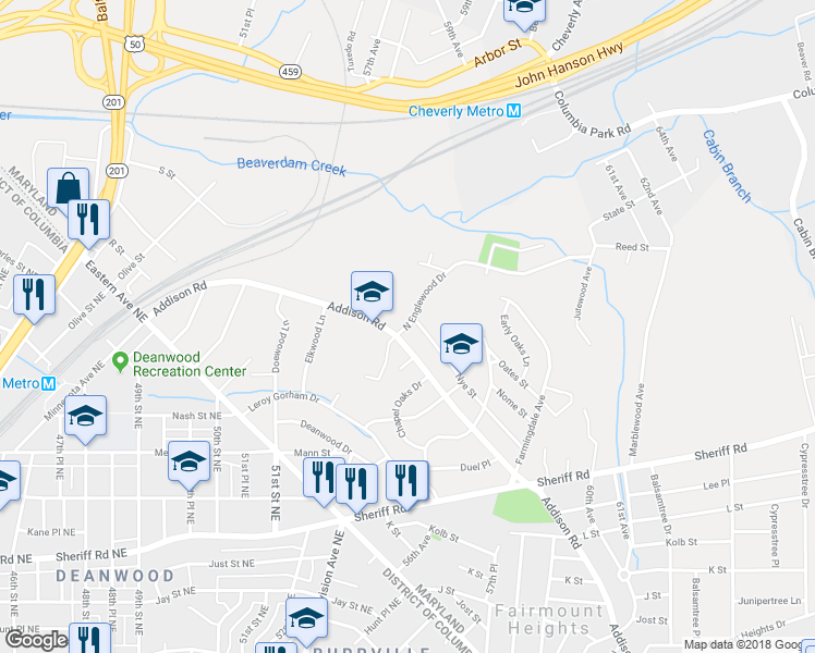 map of restaurants, bars, coffee shops, grocery stores, and more near North Englewood Drive in Capitol Heights