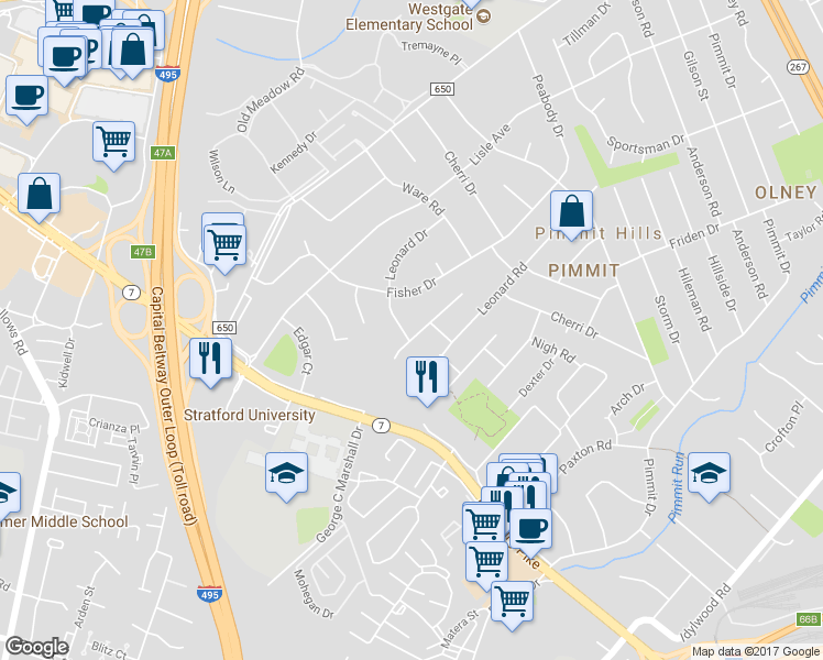 map of restaurants, bars, coffee shops, grocery stores, and more near 7604 Burnside Court in Falls Church
