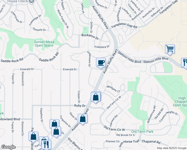 map of restaurants, bars, coffee shops, grocery stores, and more near 4670 Farmingdale Drive in Colorado Springs