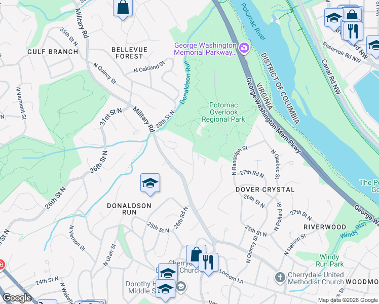 map of restaurants, bars, coffee shops, grocery stores, and more near 2664 Marcey Road in Arlington
