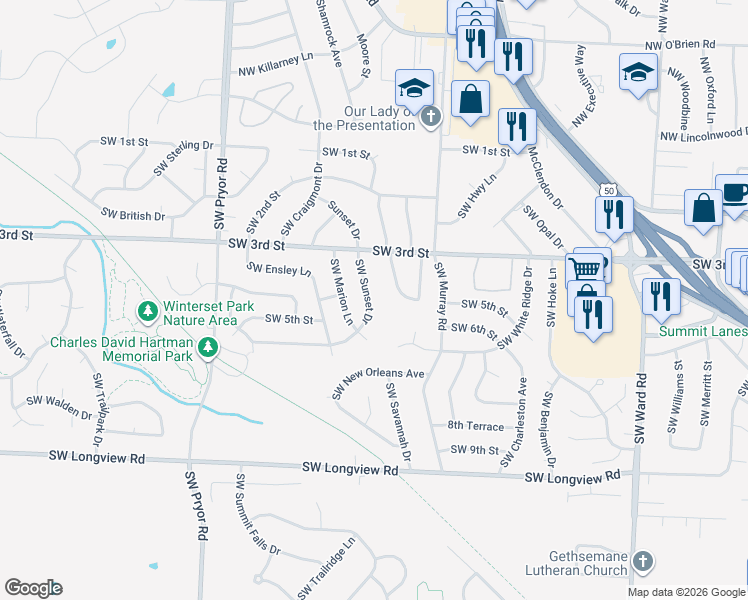 map of restaurants, bars, coffee shops, grocery stores, and more near 401 Southwest Sunset Drive in Lee's Summit