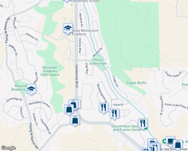 map of restaurants, bars, coffee shops, grocery stores, and more near 5515 Sample Way in Colorado Springs