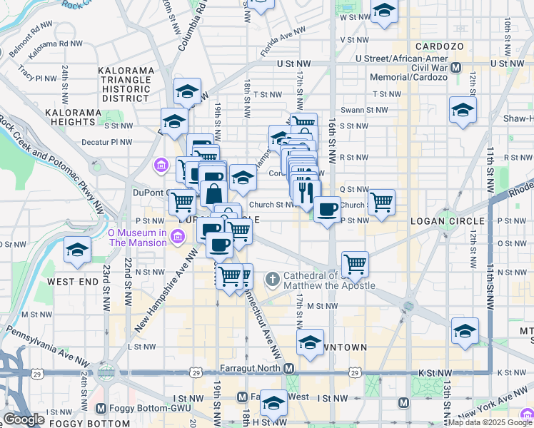 map of restaurants, bars, coffee shops, grocery stores, and more near 1743 P Street Northwest in Washington