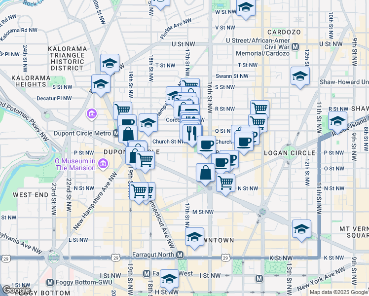 map of restaurants, bars, coffee shops, grocery stores, and more near 1506 17th Street Northwest in Washington