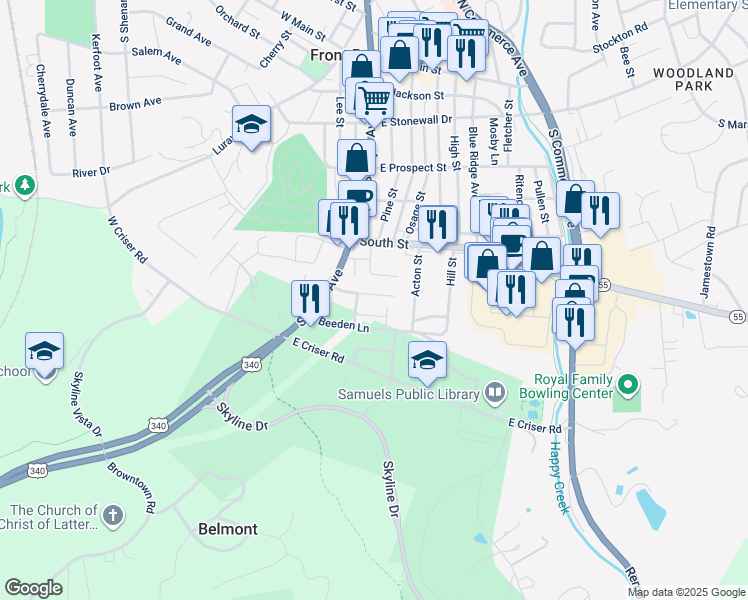 map of restaurants, bars, coffee shops, grocery stores, and more near 115 Steele Avenue in Front Royal
