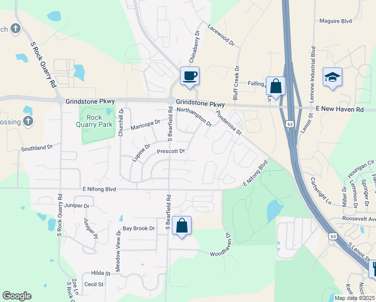 map of restaurants, bars, coffee shops, grocery stores, and more near 3558 Prescott Drive in Columbia