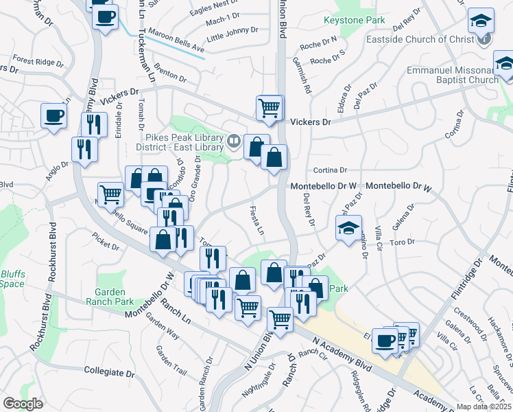 map of restaurants, bars, coffee shops, grocery stores, and more near 5387 Fiesta Lane in Colorado Springs