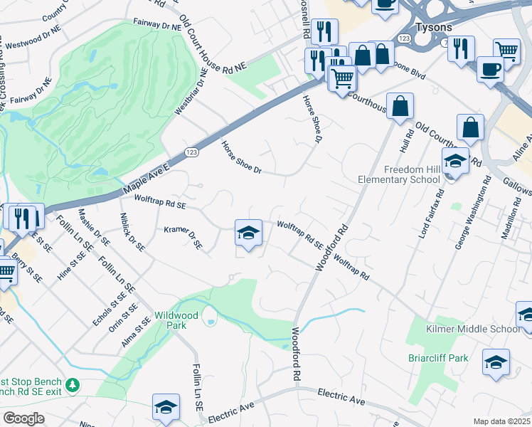 map of restaurants, bars, coffee shops, grocery stores, and more near 2012 Wolftrap Oaks Court in Vienna