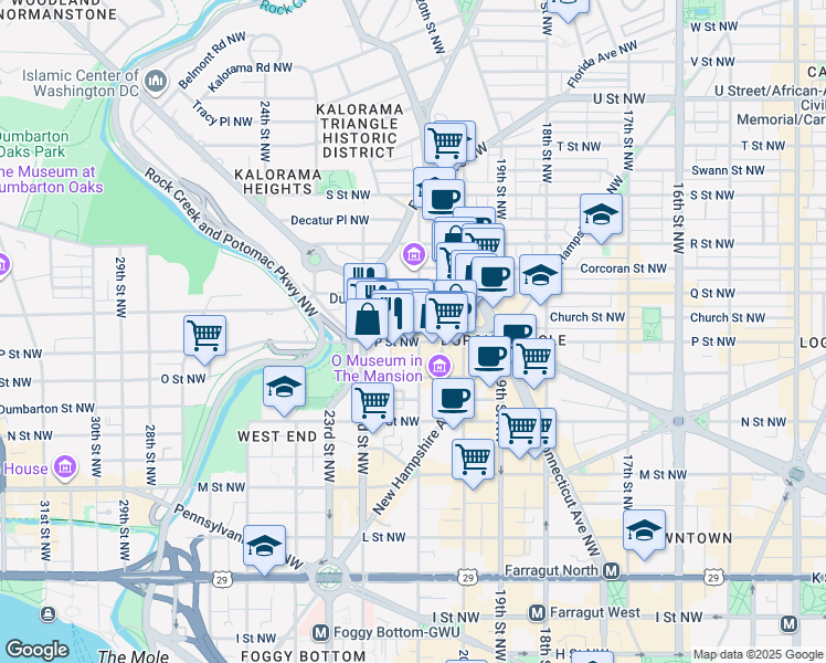 map of restaurants, bars, coffee shops, grocery stores, and more near 1506 21st Street Northwest in Washington