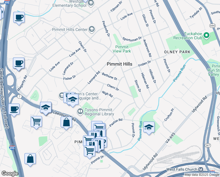 map of restaurants, bars, coffee shops, grocery stores, and more near 2022 Cherri Drive in Falls Church