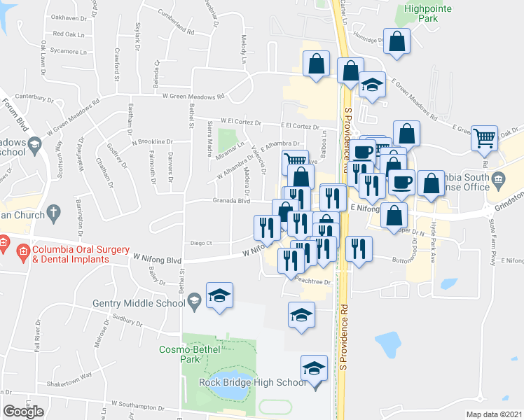 map of restaurants, bars, coffee shops, grocery stores, and more near 10 Granada Boulevard in Columbia