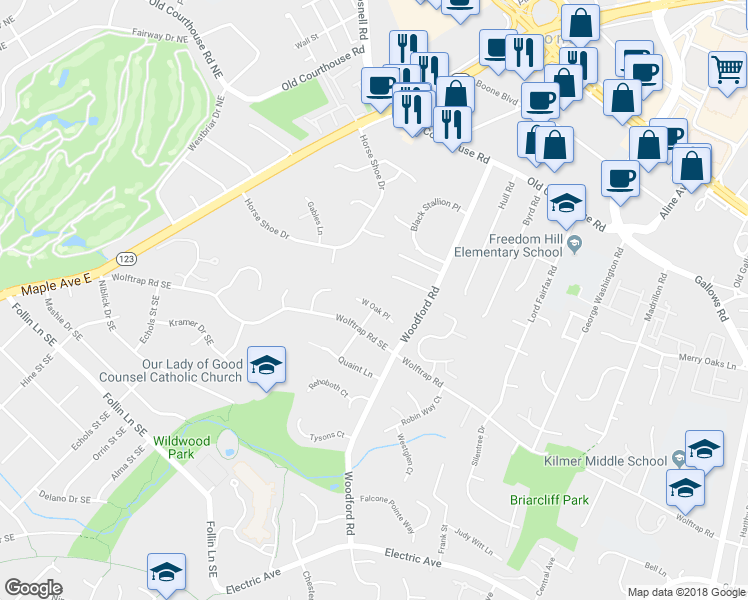 map of restaurants, bars, coffee shops, grocery stores, and more near 8518 West Oak Place in Vienna