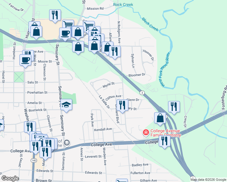 map of restaurants, bars, coffee shops, grocery stores, and more near 2210 Orchard Boulevard in Alton