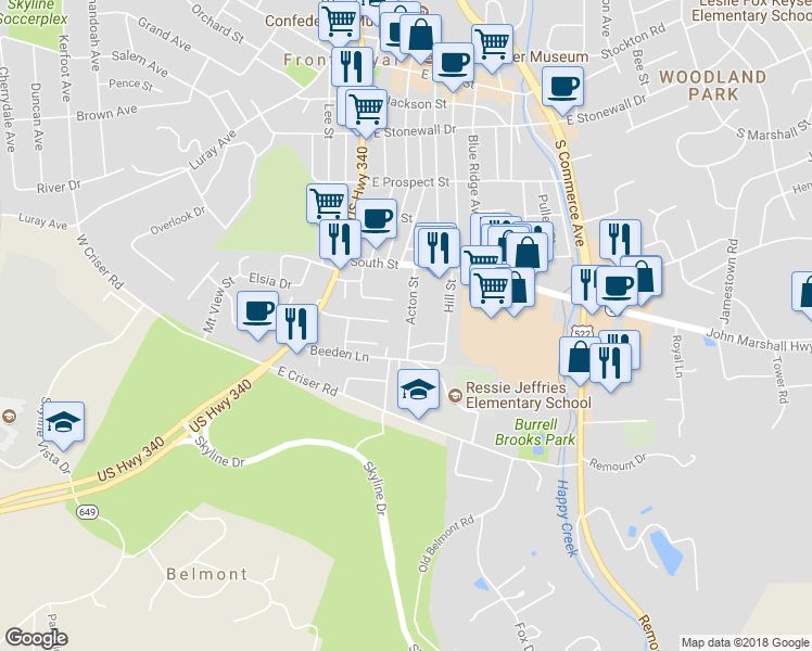 map of restaurants, bars, coffee shops, grocery stores, and more near 453 Acton St in Front Royal