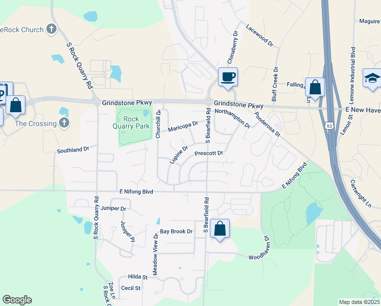 map of restaurants, bars, coffee shops, grocery stores, and more near 3617 Prescott Drive in Columbia