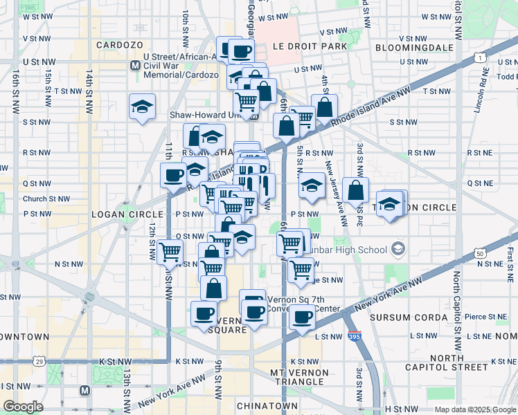 map of restaurants, bars, coffee shops, grocery stores, and more near 1525 7th Street Northwest in Washington