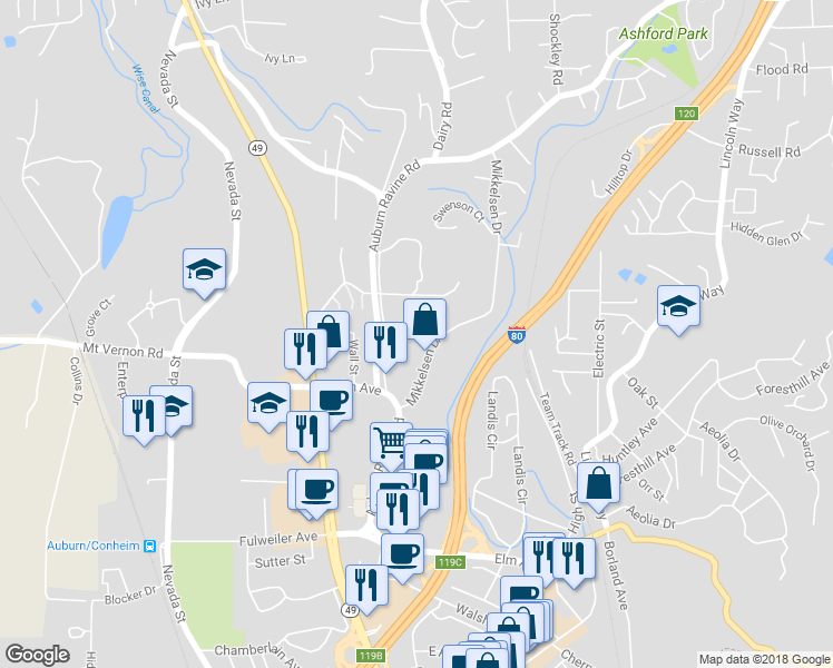 map of restaurants, bars, coffee shops, grocery stores, and more near 753 Mikkelsen Drive in Auburn