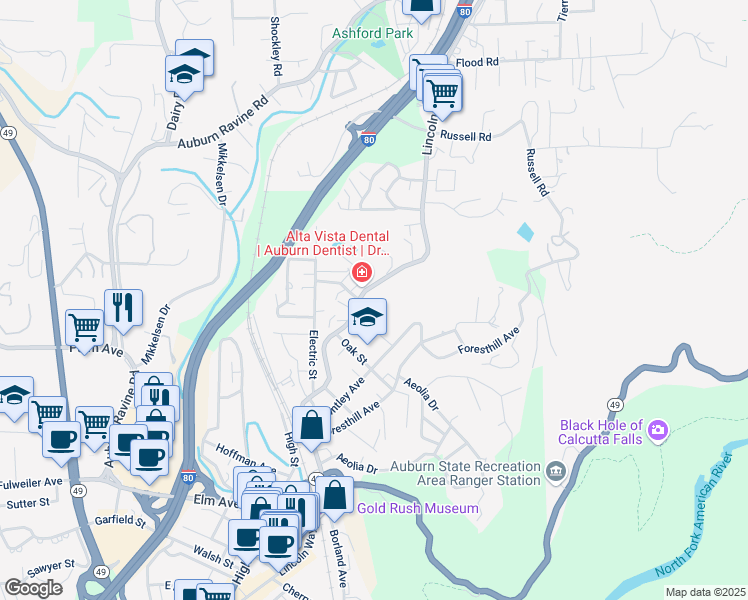 map of restaurants, bars, coffee shops, grocery stores, and more near 197 Lincoln Way in Auburn