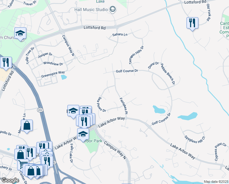 map of restaurants, bars, coffee shops, grocery stores, and more near 1414 Fairlakes Place in Bowie