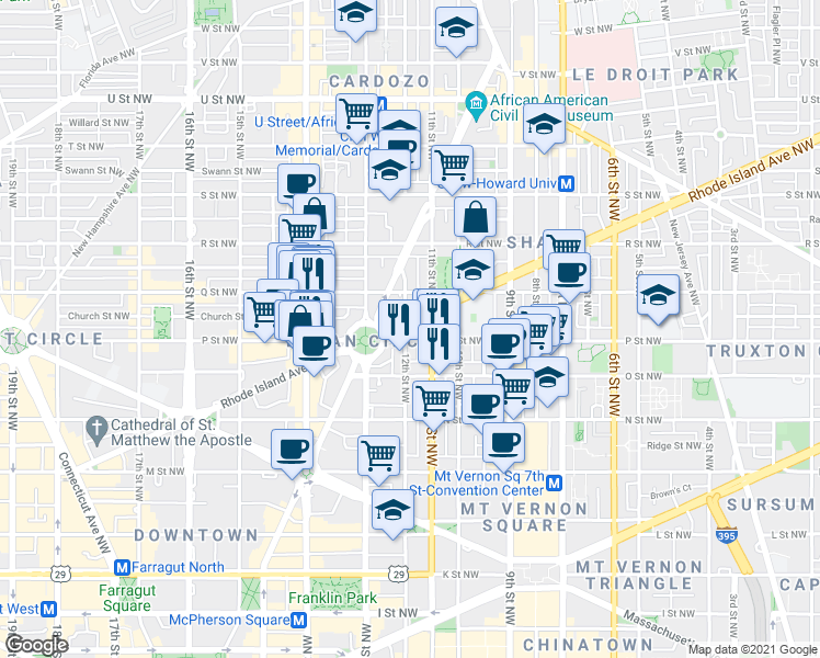 map of restaurants, bars, coffee shops, grocery stores, and more near 1120 Rhode Island Avenue Northwest in Washington
