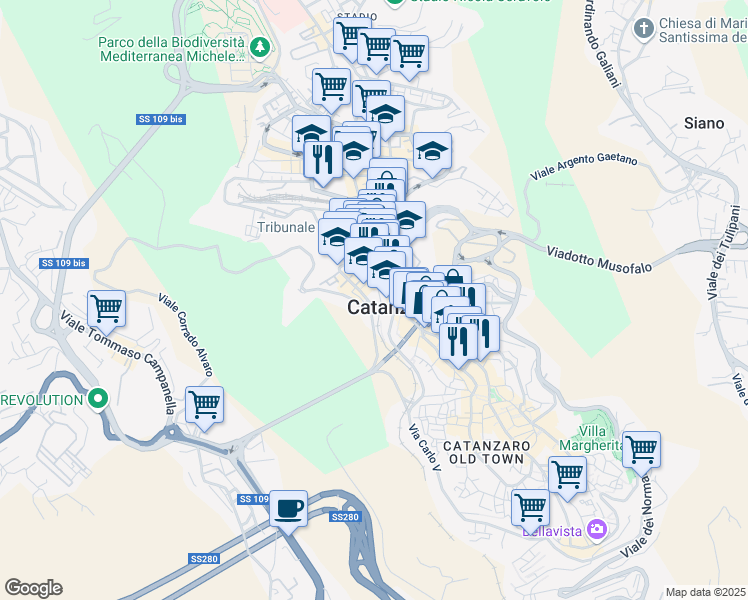 map of restaurants, bars, coffee shops, grocery stores, and more near in Catanzaro