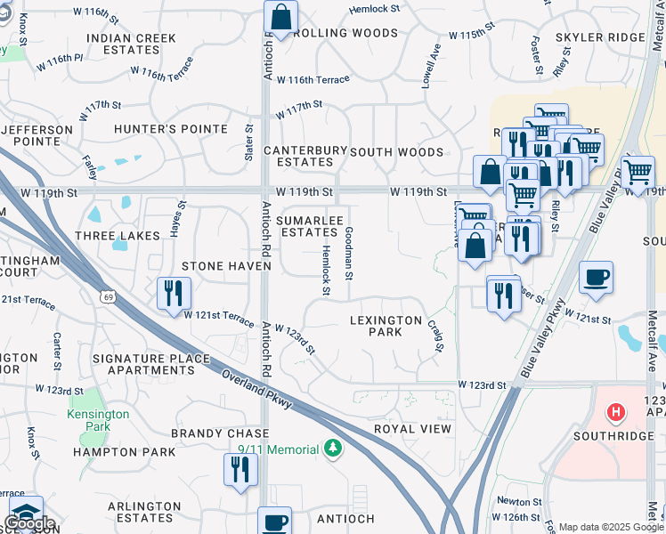 map of restaurants, bars, coffee shops, grocery stores, and more near 12039 Hemlock Street in Overland Park