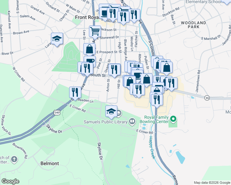 map of restaurants, bars, coffee shops, grocery stores, and more near 443 Hill Street in Front Royal