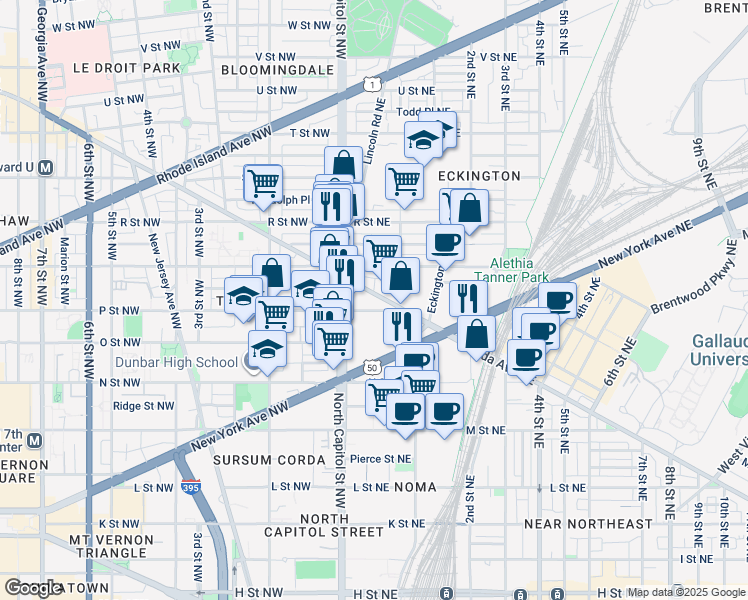 map of restaurants, bars, coffee shops, grocery stores, and more near 33 Florida Avenue Northeast in Washington