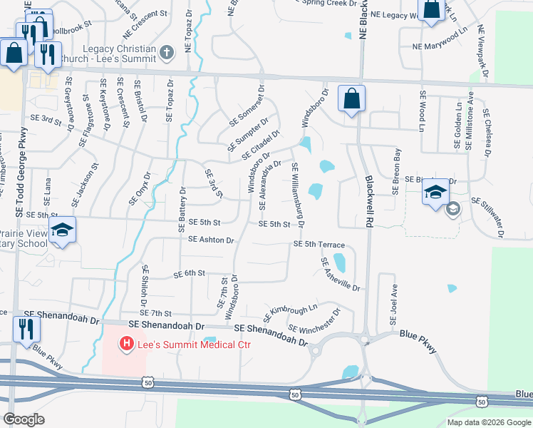 map of restaurants, bars, coffee shops, grocery stores, and more near 417 Southeast Alexandria Drive in Lee's Summit