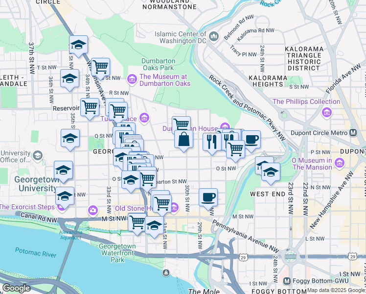 map of restaurants, bars, coffee shops, grocery stores, and more near 1524 30th Street Northwest in Washington