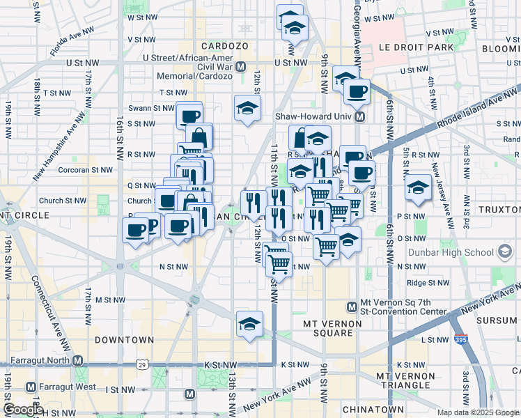 map of restaurants, bars, coffee shops, grocery stores, and more near 1120 Rhode Island Avenue Northwest in Washington