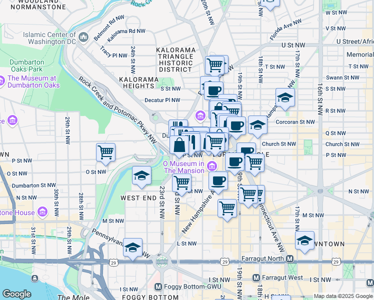 map of restaurants, bars, coffee shops, grocery stores, and more near 2141 P Street Northwest in Washington