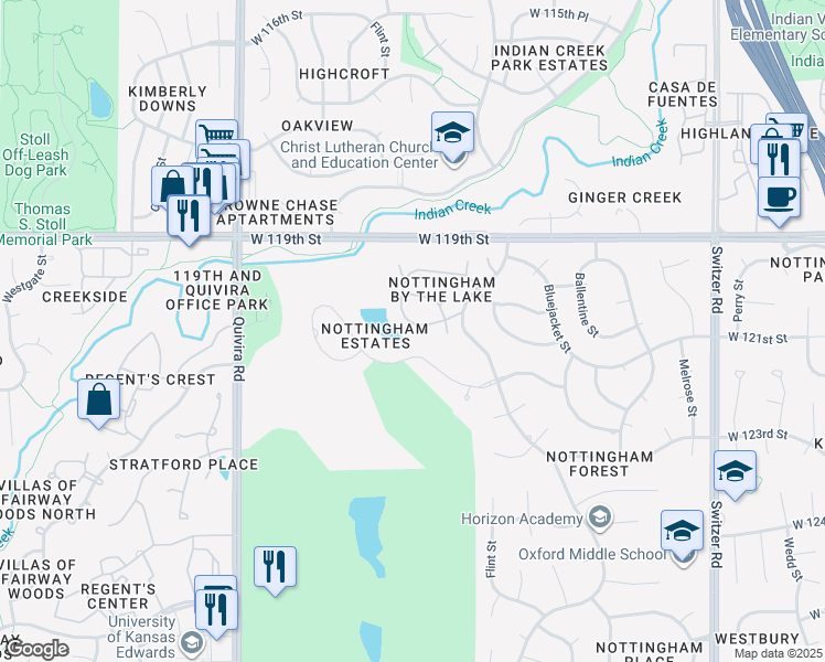 map of restaurants, bars, coffee shops, grocery stores, and more near 11137 West 121st Street in Overland Park