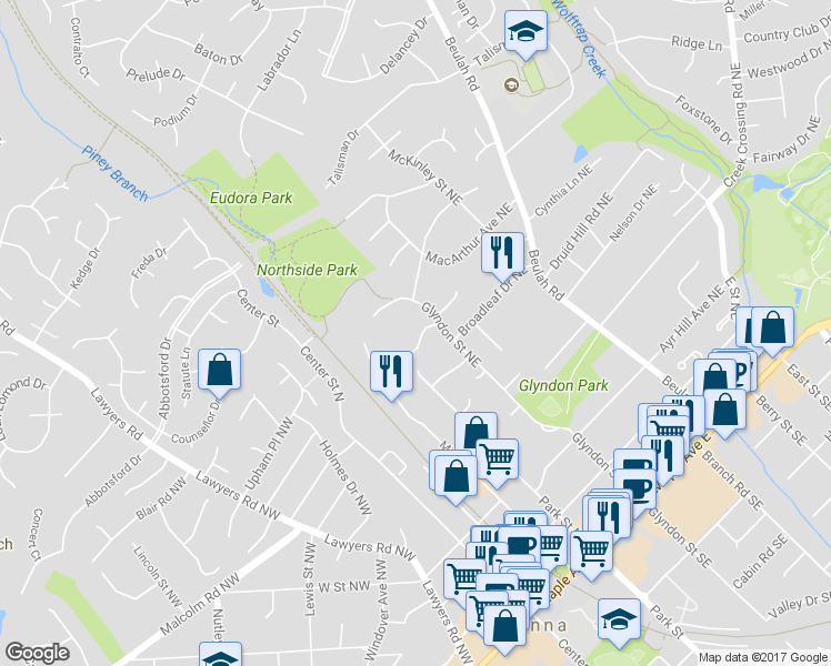 map of restaurants, bars, coffee shops, grocery stores, and more near 208 Ridgewood Court Northeast in Vienna