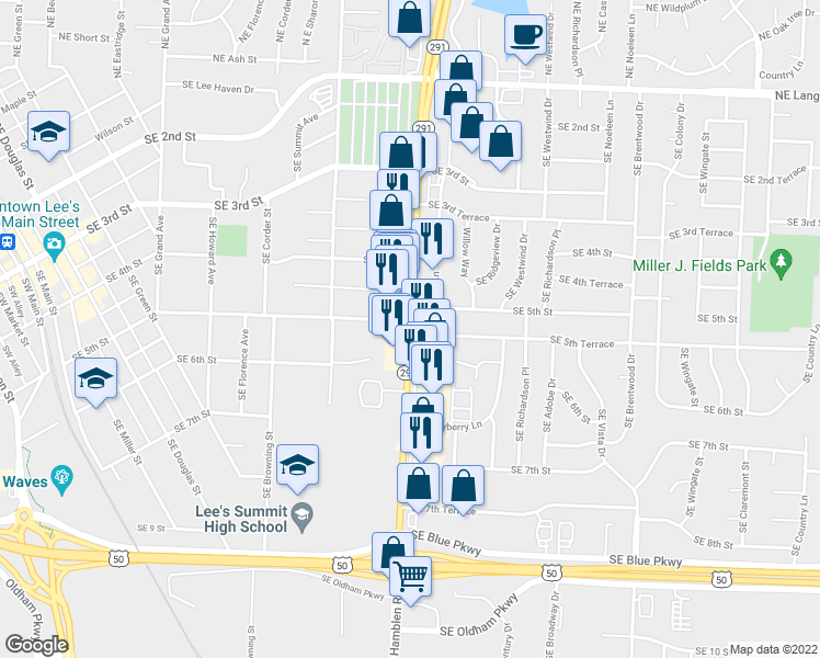 map of restaurants, bars, coffee shops, grocery stores, and more near 606 Southeast Missouri 291 Highway in Lee's Summit