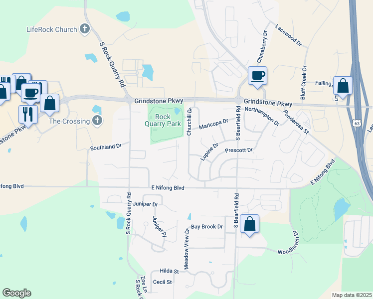 map of restaurants, bars, coffee shops, grocery stores, and more near 3604 Churchill Drive in Columbia