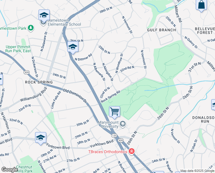 map of restaurants, bars, coffee shops, grocery stores, and more near 3201 North Albemarle Street in Arlington