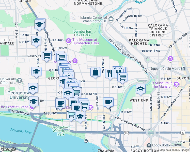 map of restaurants, bars, coffee shops, grocery stores, and more near 1524 30th Street Northwest in Washington