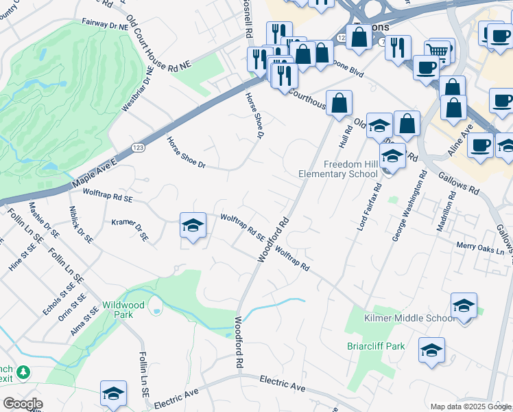map of restaurants, bars, coffee shops, grocery stores, and more near 8518 West Oak Place in Vienna