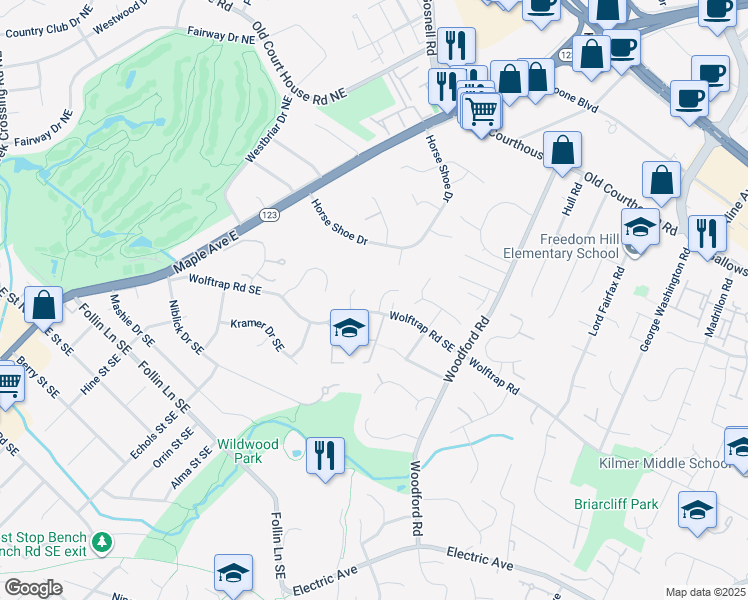 map of restaurants, bars, coffee shops, grocery stores, and more near 2012 Wolftrap Oaks Court in Vienna
